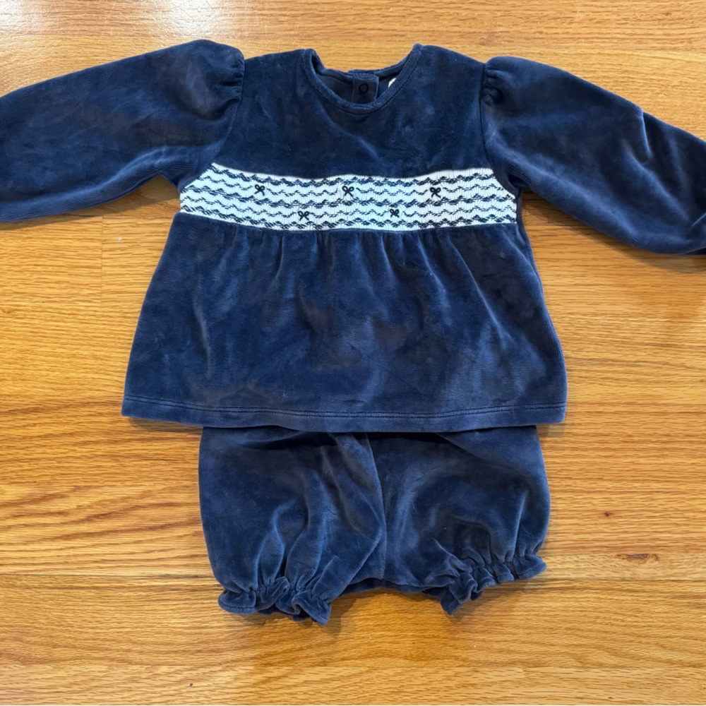 Kids Navy Blue Velour Top and Bottom Set